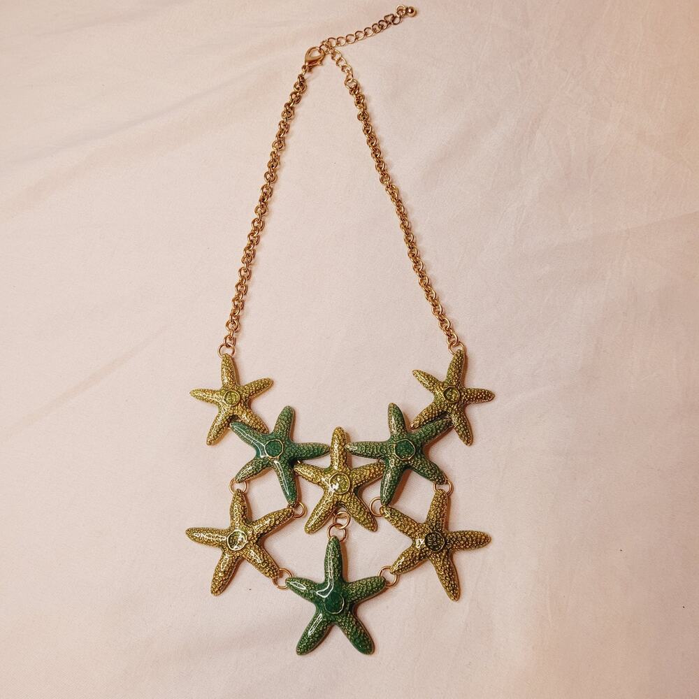 Enamel green and gold starfish cluster statement bib necklace